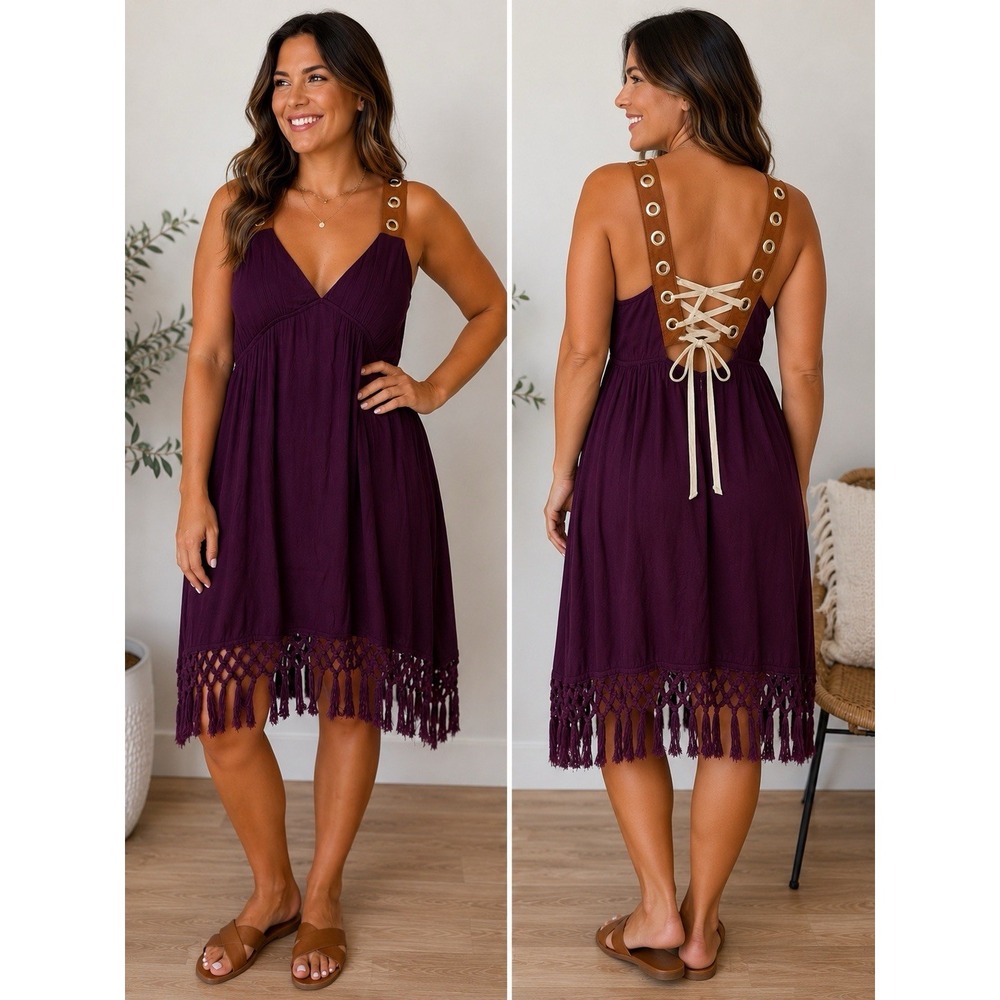 New Zingara Swim Dress Lace Up Fringe Boho Rivets Violet One Size #38